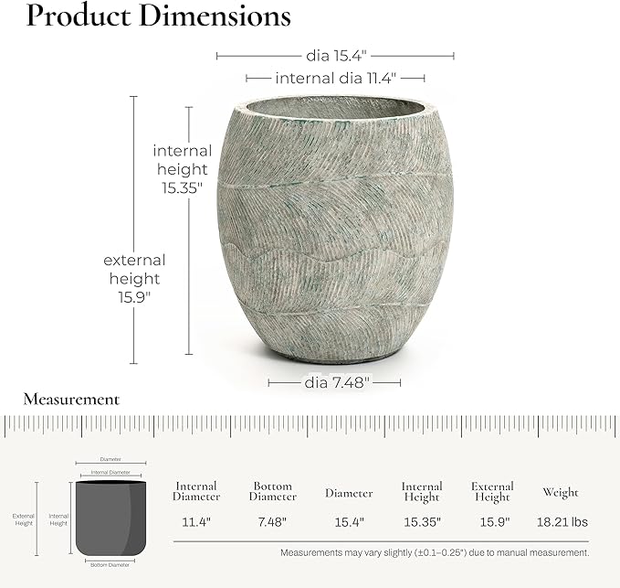 LuxenHome 15" Dia Round Planter for Porch Patio Garden, Rustic Weathered Cement Pot Planter, Large Outdoor Indoor Plant Pot with Drainage Hole, Decorative Pot for Tall Plants Flowers