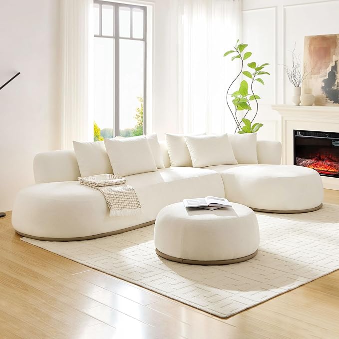 WILLIAMSPACE 134.63" Oversize Curved Sofa Cloud Couch with Round Chaise & Ottoman, Modern Upholstered Curved Sectional Sofa Couch with 6 Pillows for Living Room, No Assembly (Right-Facing,Cream White)