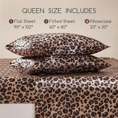 MR&HM Satin Bed Sheets with Elastic Corner Straps, Queen Size Sheets Set, 6 Pcs Silky Bedding Set with 15 Inches Deep Pocket for Mattress (Queen, Brown Leopard)