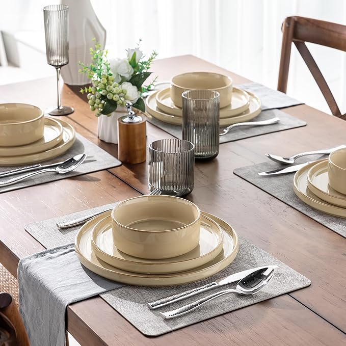 GBHOME Ceramic Dinnerware Sets With Double Bowl for 4, 16 Pieces Stoneware Plates and Bowls Set, Reactive Glaze Dishes -Scratch Resistant, Dishwasher&Microwave Safe-Warm Sand