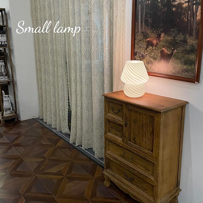 ONEWISH Mushroom Lamp-Small Table Lamp with Striped Glass, Nightstand Lamp for Bedroom, Living Room, 3000K E26 Bulb Included(White)