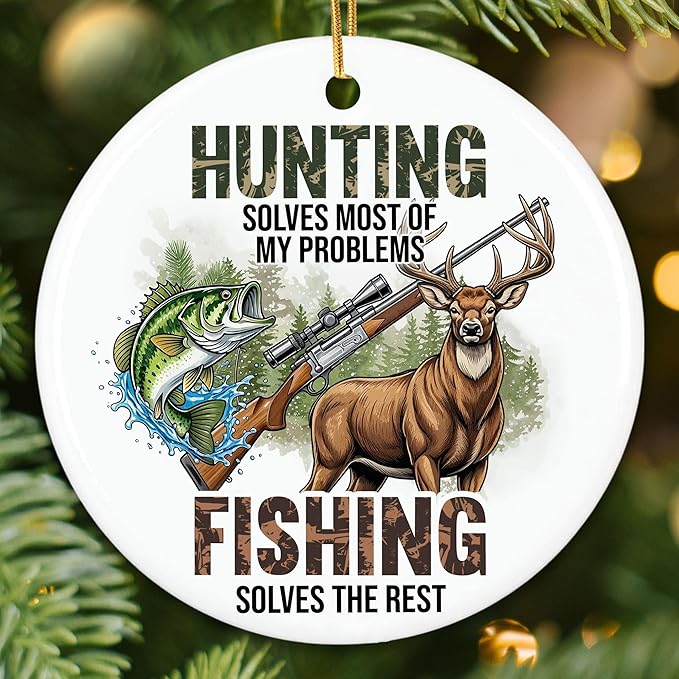 ZAGKOO Hunting Fishing Ornaments for Christmas Tree - Christmas Hunting Gifts for Deer Hunters, Fishing Themed Gifts - Wildlife Xmas Ornaments, Ceramic Xmas Tree Ornament Holiday Decor