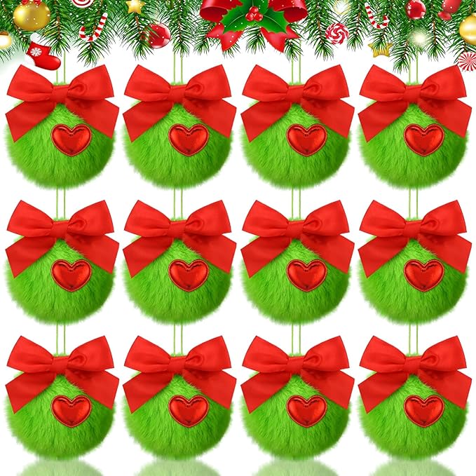 Gejoy 12 Pcs Lime Green Furry Christmas Ball Ornaments with Red Bow for Tree Green Christmas Hanging Decorations Soft Faux Fur Pom Pom Ball Ornaments for Home Party Supply Fireplace Mantel Wall Decor