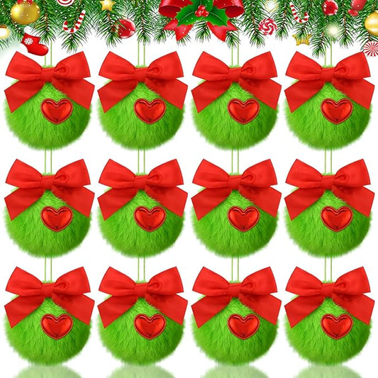 Gejoy 12 Pcs Lime Green Furry Christmas Ball Ornaments with Red Bow for Tree Green Christmas Hanging Decorations Soft Faux Fur Pom Pom Ball Ornaments for Home Party Supply Fireplace Mantel Wall Decor
