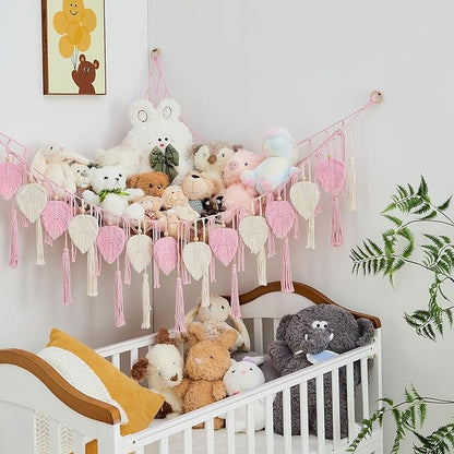 Pretty Jolly Stuffed Animal Storage with Hand Woven Leaf Tassels Hammock Corner Hanging Net Boho Macrame Plush Storage for Kid Room Nursery Wall Display Organizer for Girls Boy Gift(Light Pink)