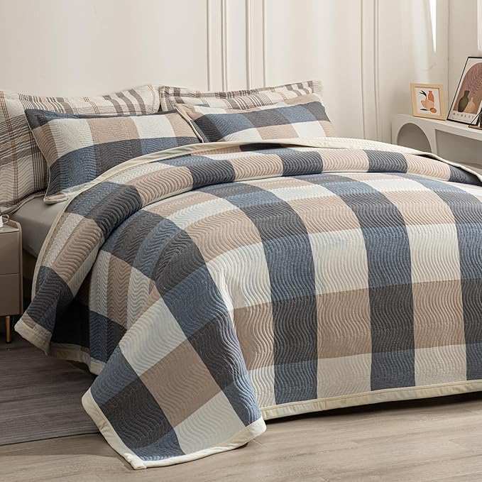 Cotton Plaid Quilt Set Queen 3 Piece Reversible Bedding, Grid Beige Blue