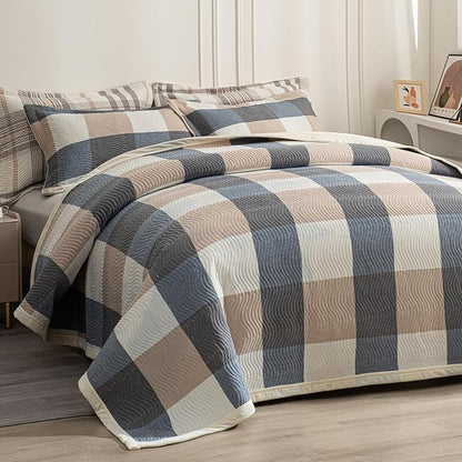 Cotton Plaid Quilt Set Queen 3 Piece Reversible Bedding, Grid Beige Blue
