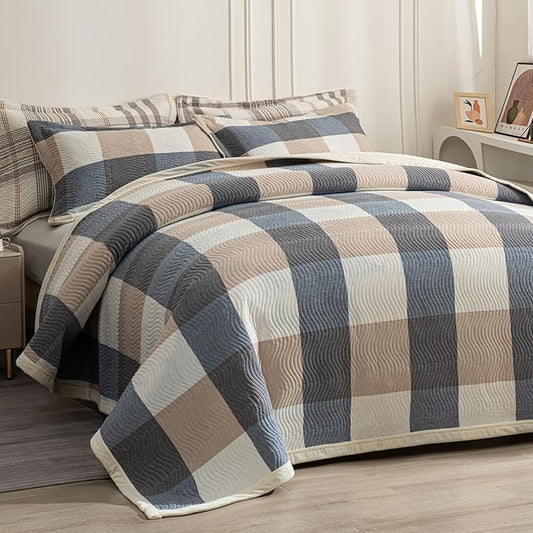 Cotton Plaid Quilt Set King 3 Piece Reversible Bedding, Grid Beige Blue