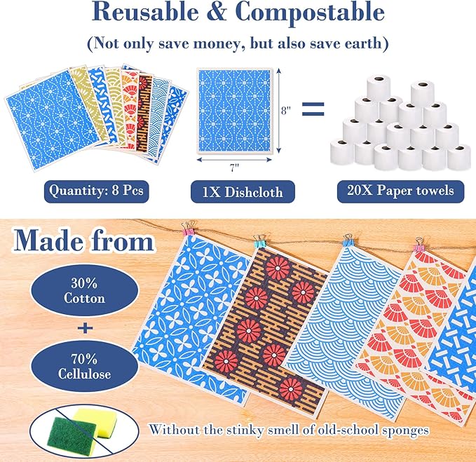 Lucomb 8 Pack Swedish Dishcloths Reusable Absorbent Fast Drying Sponge Rags for Kitchen Cleaning