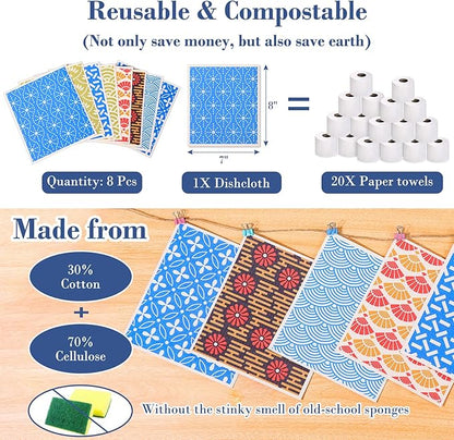 Lucomb 8 Pack Swedish Dishcloths Reusable Absorbent Fast Drying Sponge Rags for Kitchen Cleaning