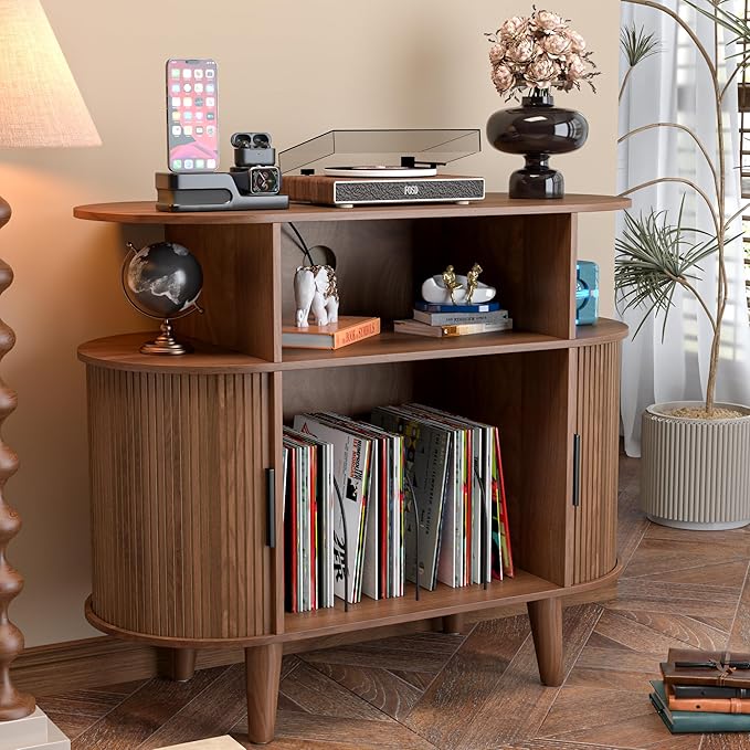 Large Round Record Player Stand with Charging Station & USB Ports，Record Storage Cabinet, Mid Century Modern Turntable Stand Console for Bedroom Living Room (Small Brown)