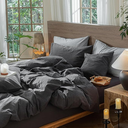 MooMee Wavy Striped Duvet Cover Set 100% Washed Cotton Linen Like Textured Breathable Durable Soft Comfy (Charocal Grey, Queen 90"x90")