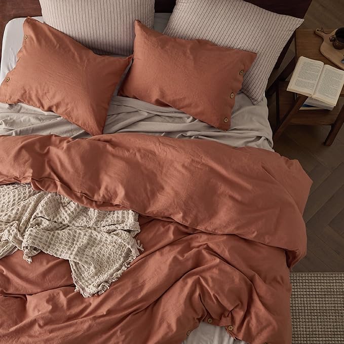 Bedsure Linen Duvet Cover Queen - Linen Cotton Blend Bedding Set, Soft & Cozy, 3 Pieces, 1 Duvet Cover 90x90 Inches and 2 Pillowcases, Burnt Orange Color Cooling Bedding, Comforter Sold Separately