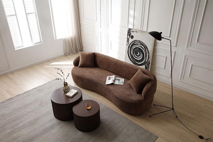 KEIKI 87" Curved Oversized Boucle Cloud Sofa with Thickened Seat Cushions and Backrest, Modern 3-Seater Upholstered Corner Fluffy Couch, No Assembly Required, for Apartment, Living Room, Dark Brown