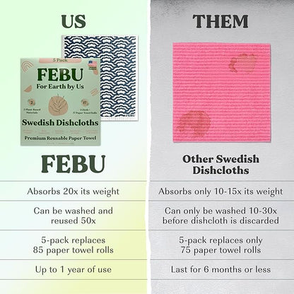 FEBU Swedish Dish Cloths 5 Pack Reusable Washable Kitchen Dish Towels, Eastern Pattern