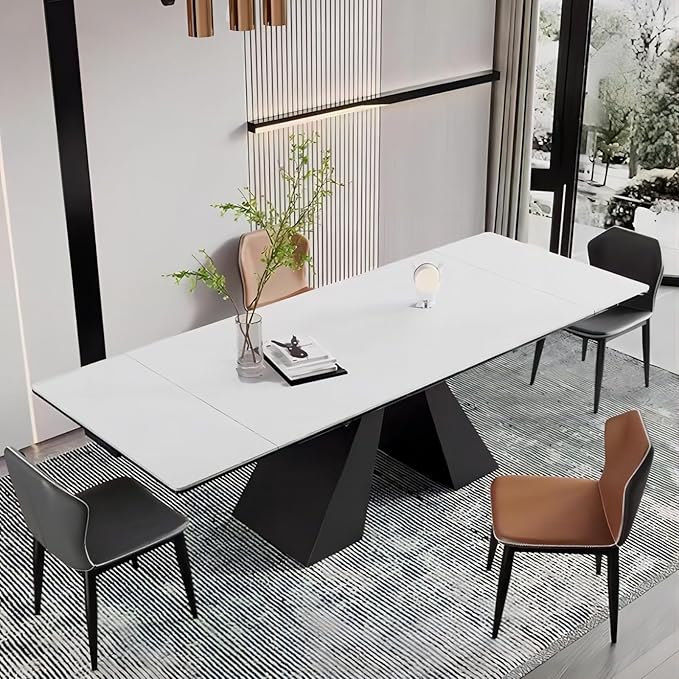 Extendable Dining Table for 8-12 Seat Flexible Stretch Tabletop Made from Sintered stone Tempered Glass Solid Carbon Steel Base, White