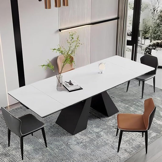 Extendable Dining Table for 8-12 Seat Flexible Stretch Tabletop Made from Sintered stone Tempered Glass Solid Carbon Steel Base, White