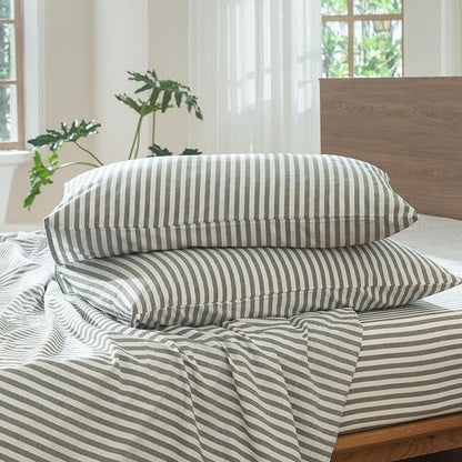 MooMee Striped Duvet Cover Set 100% Washed Cotton Linen Like Textured Breathable Durable Soft Comfy (Heathered Green Classic Stripes, Full 80"x90")