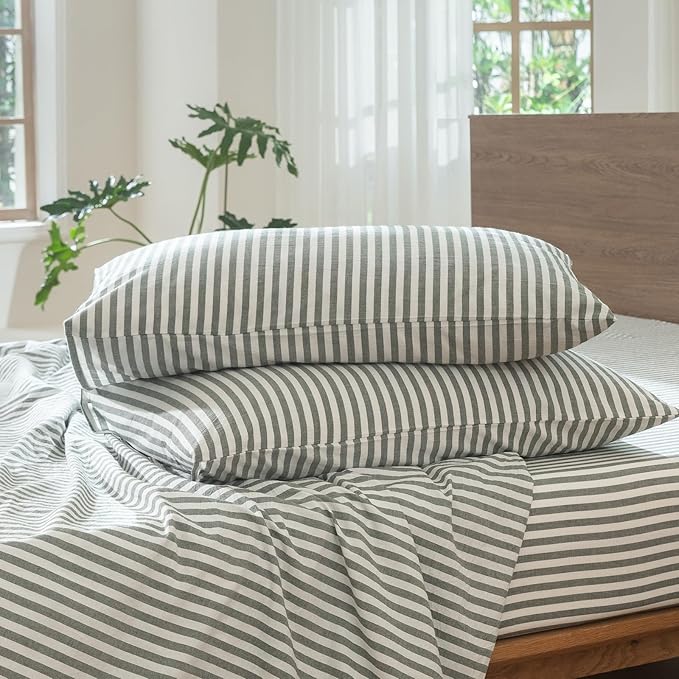 MooMee Striped Duvet Cover Set 100% Washed Cotton Linen Like Textured Breathable Durable Soft Comfy (Heathered Green Classic Stripes, Oversized Queen 98"x98")