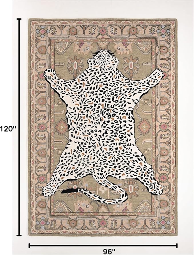 Handmade Leopard Wool Area Rug with Traditional Oushak Motif – Exquisite Animal Print Cheetah Rugs for Living Room, Bedroom | Plush Texture, Vintage Style, Thick & Durable Carpet (Neutral, 8' x 10')