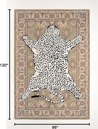 Handmade Leopard Wool Area Rug with Traditional Oushak Motif – Exquisite Animal Print Cheetah Rugs for Living Room, Bedroom | Plush Texture, Vintage Style, Thick & Durable Carpet (Neutral, 8' x 10')