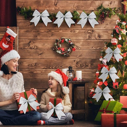 Cindeer 24 Pcs Silver Christmas Bow Decorations 6 x 6 Inches, Glitter Holiday Ornaments Sequin Ties Bows for Xmas Tree, Wreath, DIY Crafts, Gift Wrapping, Party Decor