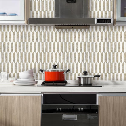 Vamos Tile Peel and Stick Backsplash Seamless Tile,10 Sheets Stick on Backsplash for Kitchen& Bathroom,Honey Travertine+Matt Pure White Marble Look+Light Gold Metal Self Adhesive Backsplash Tile