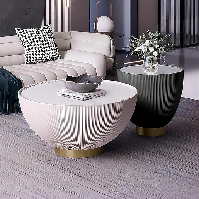 homary 2-Piece Round Coffee Table Set with Sintered Stone Top, Stainless Steel Base PU Leather Upholstery, Modern Drum-Shaped Coffee Table for Living Room