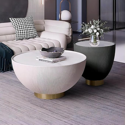 homary 2-Piece Round Coffee Table Set with Sintered Stone Top, Stainless Steel Base PU Leather Upholstery, Modern Drum-Shaped Coffee Table for Living Room