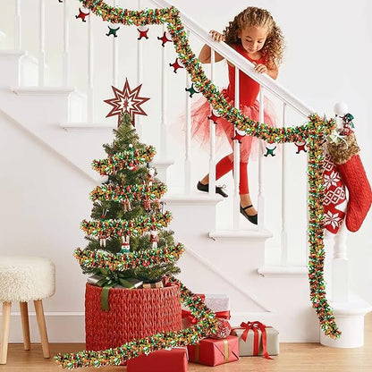 50 Feet Red Green Gold Metallic Twist Shiny Christmas Tinsel Garland for Tree, Mantle, Indoor/Outdoor Decor