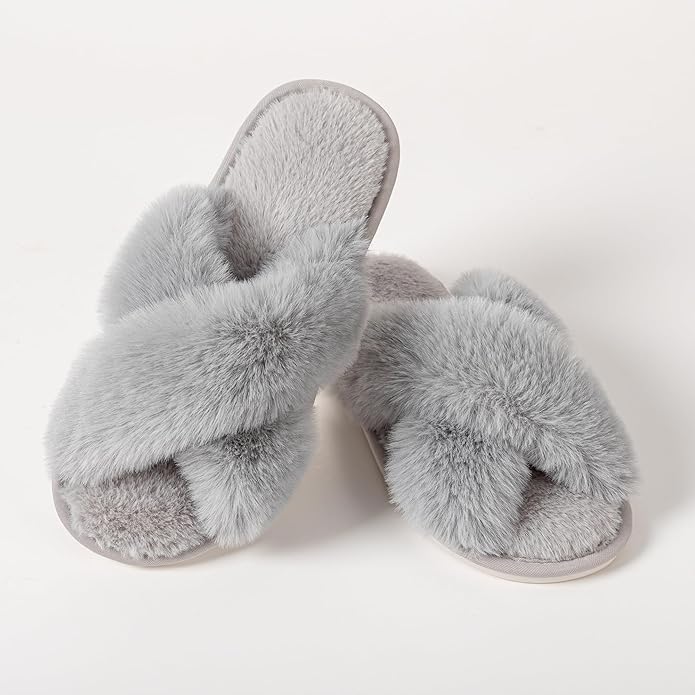 Women's Slipper Memory Foam Cross Band Fuzzy Slippers Open Toe Cozy House Slippers Cozy Plush Bedroom Indoor Outdoor