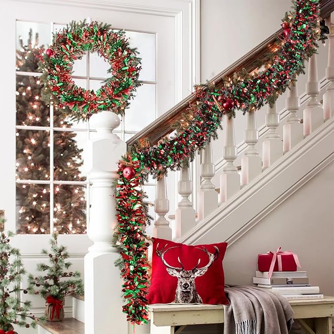 50Ft Christmas Tinsel Garland - Red Green Shiny Metallic Twist Decor for Christmas Tree Home Stairs Railing Front Door Mantle Fireplace Indoor Outdoor Holiday Party