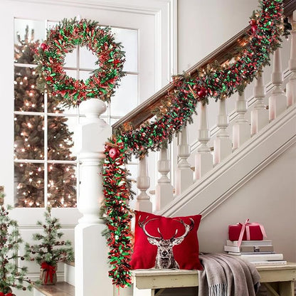 50Ft Christmas Tinsel Garland - Red Green Shiny Metallic Twist Decor for Christmas Tree Home Stairs Railing Front Door Mantle Fireplace Indoor Outdoor Holiday Party