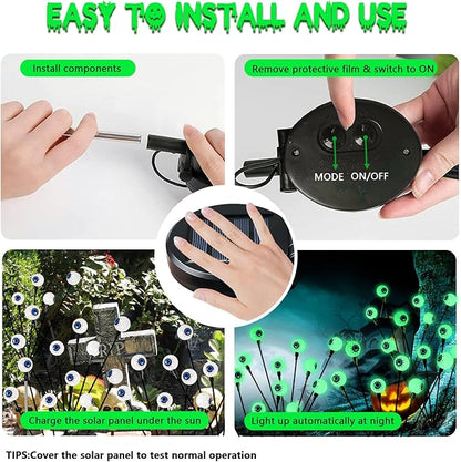 2 Pack Halloween Outdoor Decorations Solar Eyeball Lights, 12 LED Green Eyeball Swaying Firefly Light with 2 Lighting Modes, Halloween Decor Waterproof for Patio Yard Lawn Graveyard Props