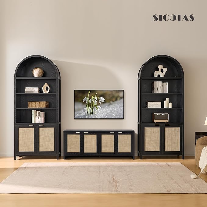 SICOTAS Book Shelf Arched Cabinet Bookshelf Arch 84.2" Tall Bookcase 5 Tier Large Bookshelves with Doors Storage Rattan Boho Wide Book Shelves Case for Living Room Kitchen Office Bedroom Library