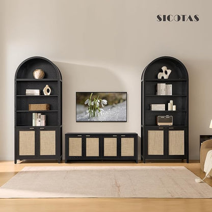 SICOTAS Book Shelf Arched Cabinet Bookshelf Arch 84.2" Tall Bookcase 5 Tier Large Bookshelves with Doors Storage Rattan Boho Wide Book Shelves Case for Living Room Kitchen Office Bedroom Library