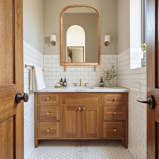 LuxenHome Arched Wall Mirror with Solid Wood Frame, 23.6''x39.5'' Large Farmhouse Wall Mounted Decorative Mirror with Legs, Rustic Arch Mirrors for Bathroom Vanity, Entryway, Living Room, Bedroom