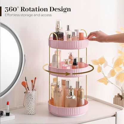 Aveniee 360 Rotating Makeup Organizer for Vanity, Skincare Perfume Organizers Large, Spinning Bathroom Counter Shelf Holder for Cosmetics, Skin Care, Lipsticks,3 Tiers, Pink