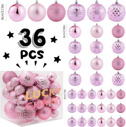 Christmas Ball Ornaments Pink Christmas Tree Decorations with Hang Rope-36pcs Shatterproof Christmas Ornaments Set with 6 Styles in 3 Sizes(Small Medium Large)