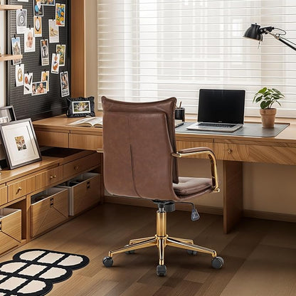 MOJAY Mid-Back Ergonomic Leather Desk Chair, Modern Upholstered Computer Chair, Executive Office Chair with Arms, Swivel Adjustable Rolling Chair with Gold Base (Brown)