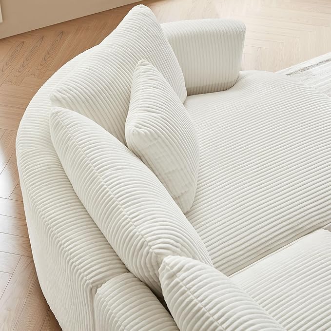 WILLIAMSPACE 122" Modern Curved Sofa Couch, Upholstery Oversized Cloud Sofa with Chaise & Pillows, Right Hand Facing Sectional Couch for Living Room (Right-Facing,White Corduroy)