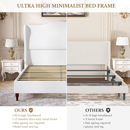 King Size Bed Frame with 51" Tall Headboard, High Upholstered Platform soft Fabric, Classic Curved Wingback & Wood Retro Legs, No Box Spring Needed/Easy Assembly, White
