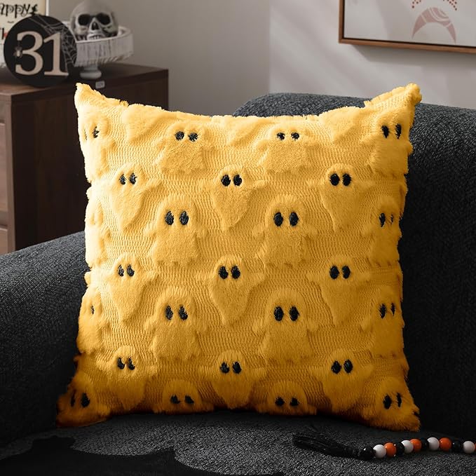 DFXSZ Halloween Pillow Covers 18x18 inch Set of 2 Yellow Ghost Throw Pillow Cases Soft Plush Faux Fur Wool Cushion Case for Chair Bedroom Living Room Home Decor PTK03H18