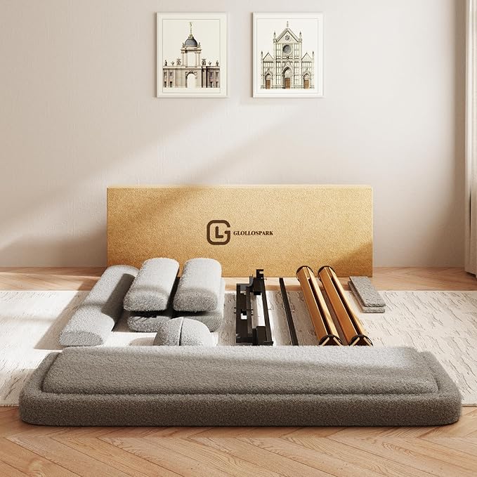 King Size Boucle Bed Frame, Cloud Upholstered Platform Bed with Height Adjustable Headboard & Soft Rounded Corners, No Box Spring Needed, Noise Free, Easy Assembly, Light Grey