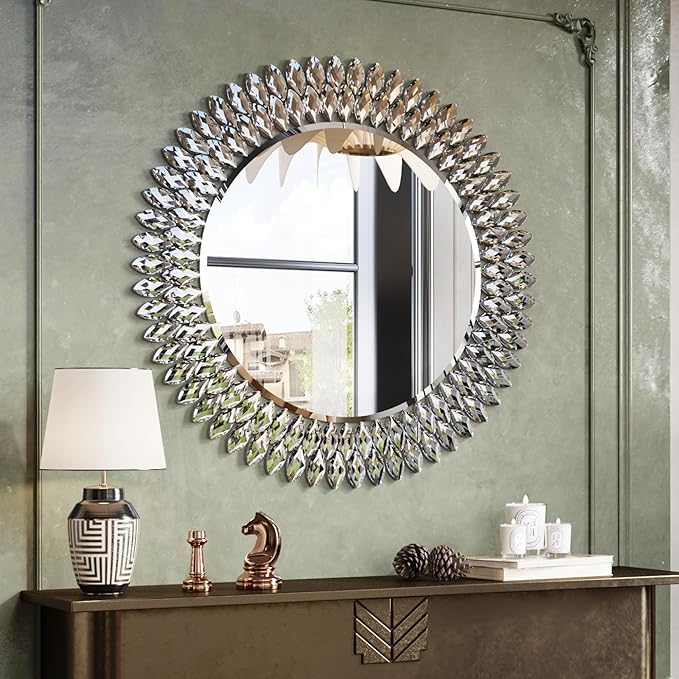 Kelly Miller Jeweled Mirror for Wall Mirror, 28 Inch Round Luxury Mirror with Sparkling Diamonds Beveled Modern Wall Decor for Bathroom, Living Room, Bedroom, Hallway