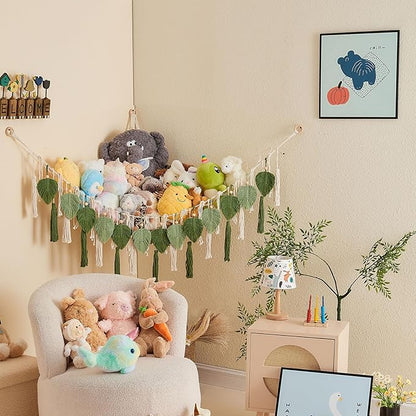 Pretty Jolly Stuffed Animal Storage with Hand Woven Leaf Tassels Hammock Corner Hanging Net Boho Macrame Plush Storage for Toys Kid Room Wall Nursery Decor for Girls Gift (Sage Green&Avocado Green)