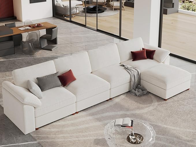 EASE MOOSE Extra Large Modular Sectional Sofa, Modern Oversized L Shape Sectional Couch,Comfty Deep Seat Chenille Modular Sofa with Ottoman,White