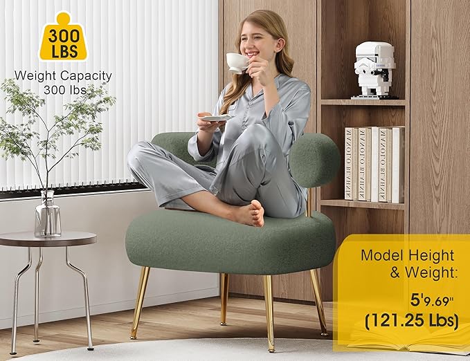 Mid Century Sherpa Boucle Accent Chair, Round Upholstered Barrel Arm Chair for Small Spaces, Fluffy Side Corner Chair for Living Room, Bedroom, Vanity, Office, Reading Nook(Green)