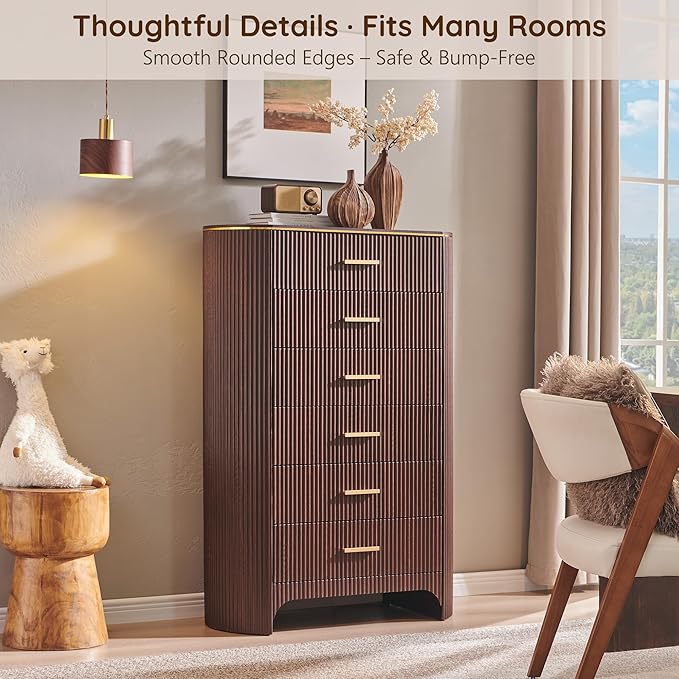 Fluted 6 Drawer Tall Dresser with Curved Profile,47.8" Tall Drawers with Reeded Texture,Gold Handles Storage Organizer Cabinet for Bedroom,Living Room,Entryway,Brown Oak