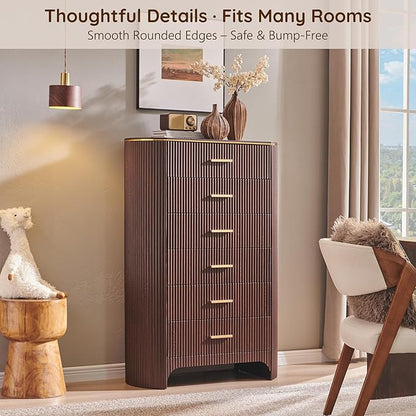 Fluted 6 Drawer Tall Dresser with Curved Profile,47.8" Tall Drawers with Reeded Texture,Gold Handles Storage Organizer Cabinet for Bedroom,Living Room,Entryway,Brown Oak
